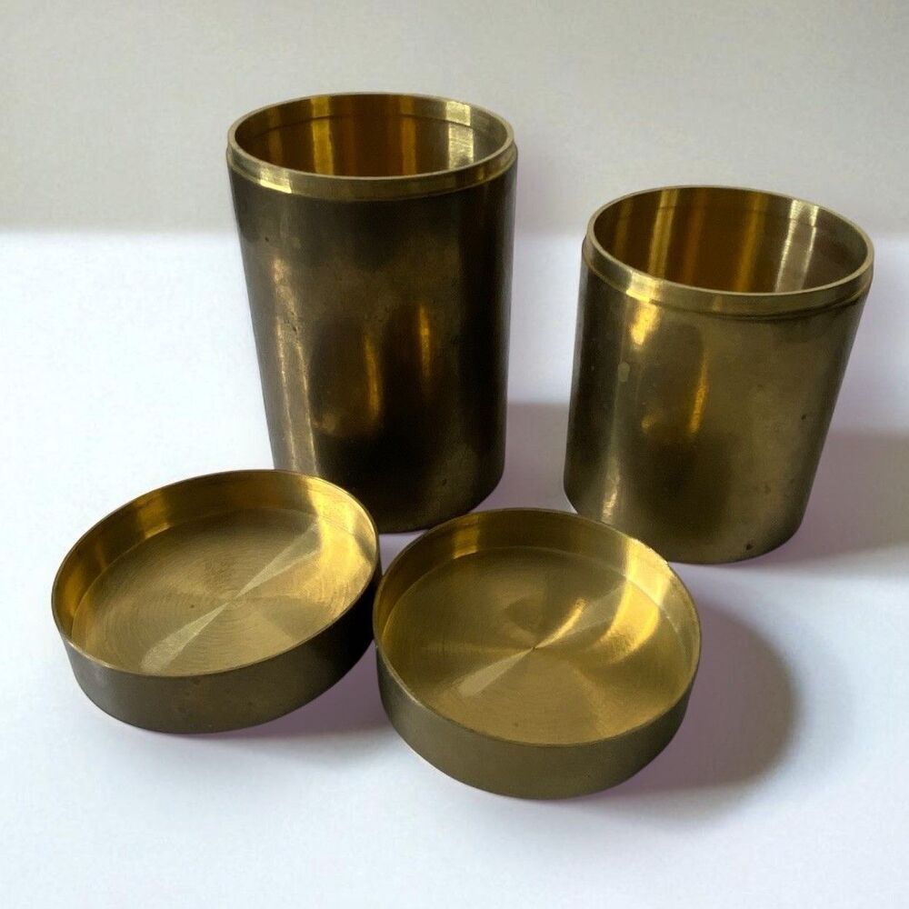 Vintage Set Round Brass Snuff Tobacco Containers Blue & White Porcelian Lid - Picture 8 of 11
